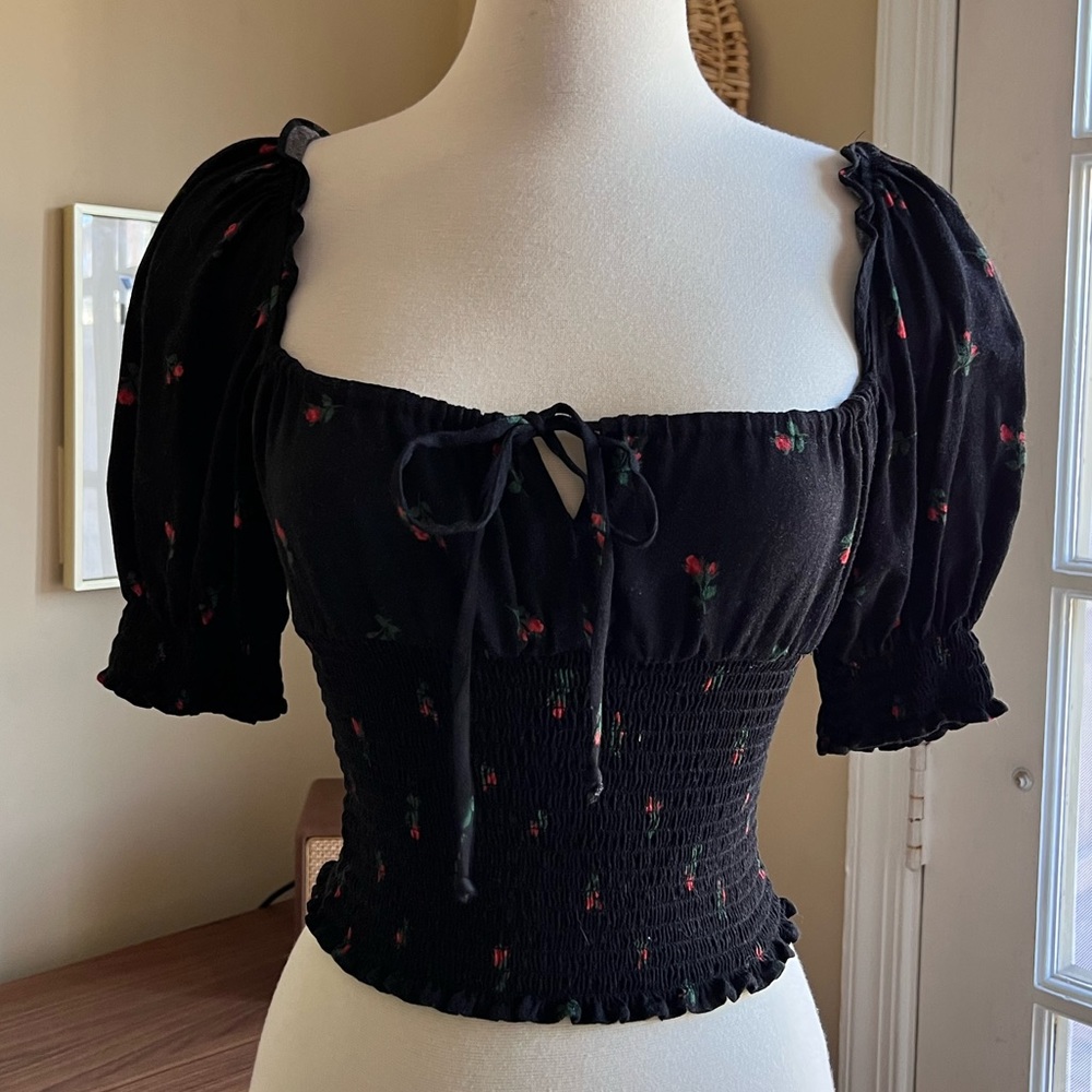 Reformation black smocked blouse with roses